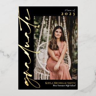 Invitation En Aluminium Black & Gold Calligraphy Photo Graduation