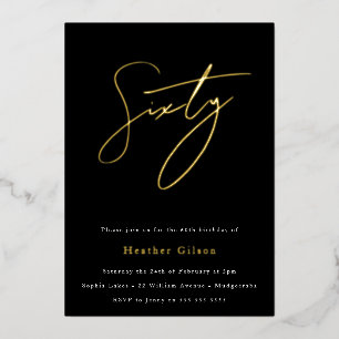 Invitation En Aluminium Black & Gold Foil Script 60e fête d'anniversaire