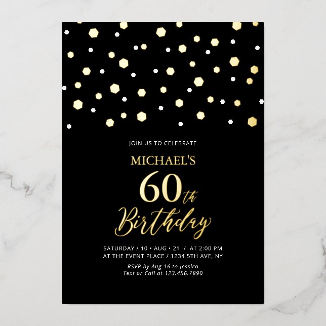 Invitation En Aluminium Black & Gold Hexagon Confetti 60e fête d'anniversa (Recto)