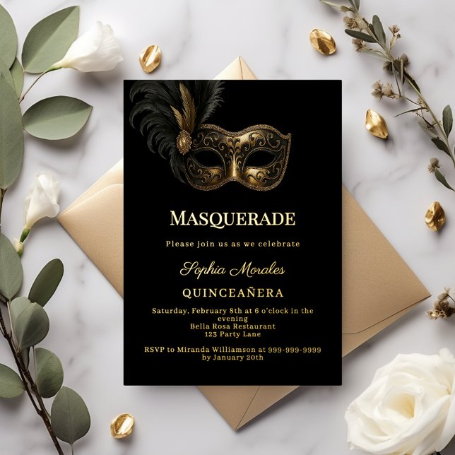 Invitation En Aluminium Black gold luxury Masquerade Quinceanera (Créateur téléchargé)