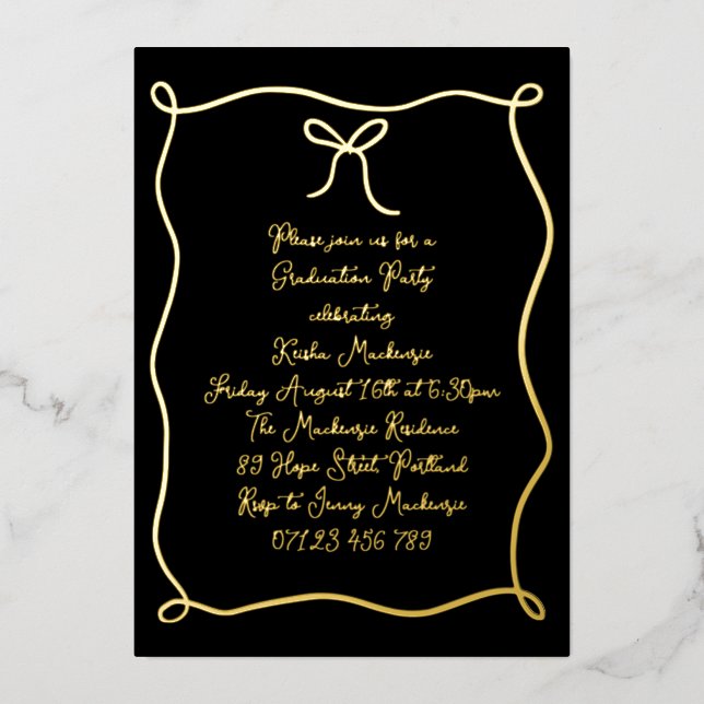 Invitation En Aluminium Black & Gold Main Tirée Bow Photo Party Graduation (Recto)
