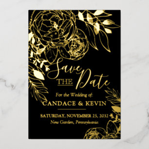 Invitation En Aluminium Black & Gold Modern Floral Peony Enregistrer la da