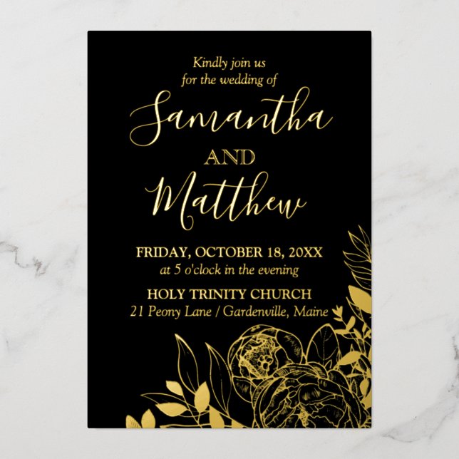 Invitation En Aluminium Black & Gold Peony Mariage Floral moderne (Recto)