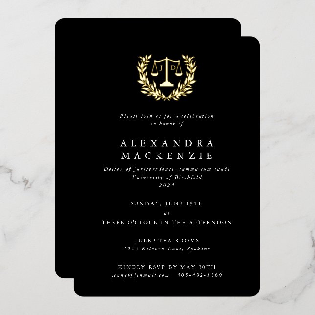 Invitation En Aluminium Black JD Law Scales+Laurel Wreath Graduation Party (Recto/Verso)