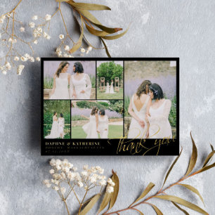 Invitation En Aluminium Black Mariage Photo Collage Gold Script Merci