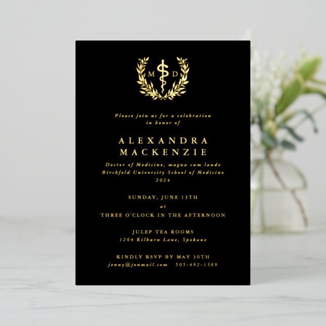Invitation En Aluminium Black MD Asclepius+Laurel Wreath Graduation Party (Debout devant)