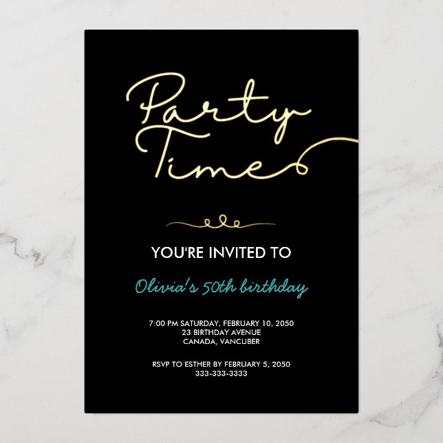 Invitation En Aluminium Black Neat Golden Script 50e fête d'anniversaire (Recto)