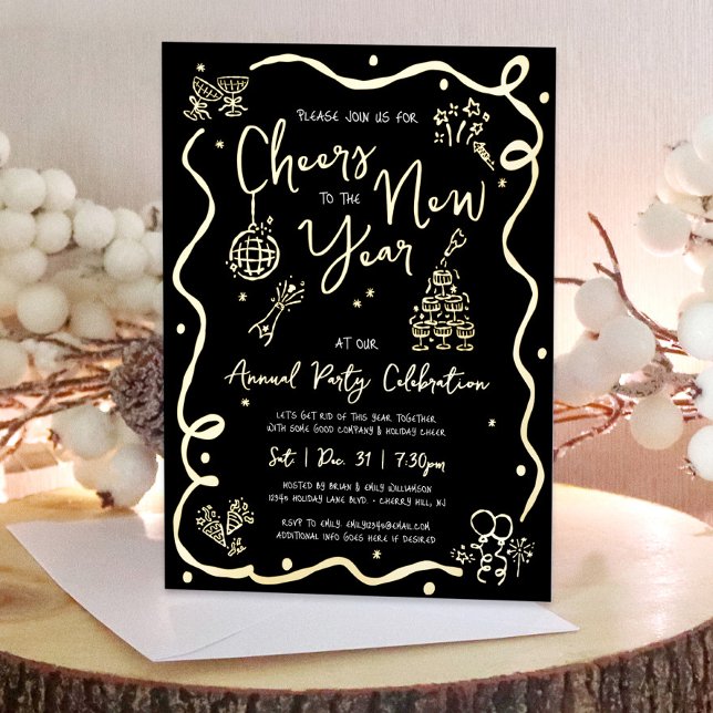 Invitation En Aluminium Black New Year Cheer Hand Drawn Party Real Gold (Créateur téléchargé)