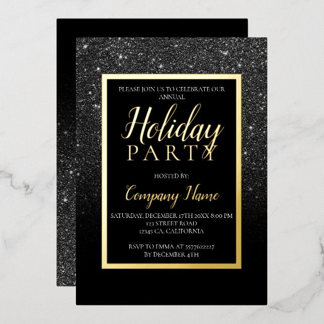 Invitation En Aluminium Black parties scintillant or entreprise Noël (Recto/Verso)