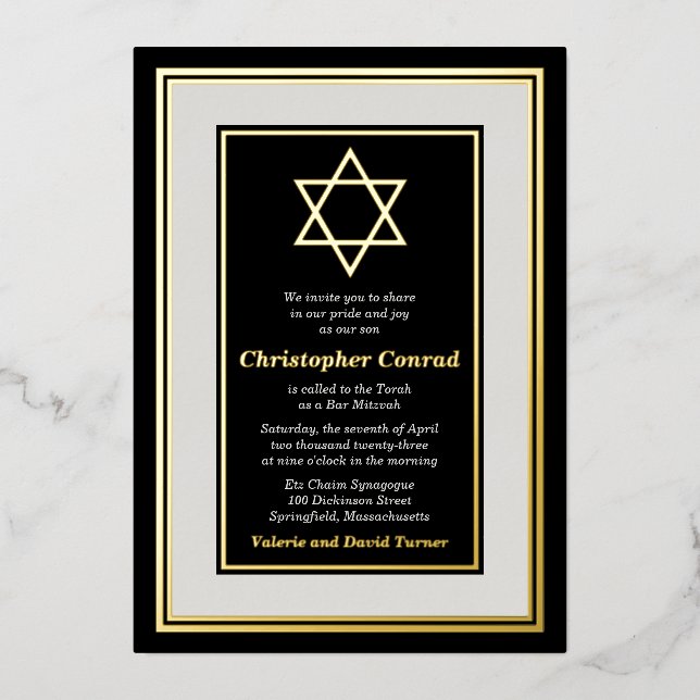 Invitation En Aluminium Black Platinum Gold Foil Star de David Bar Mitzvah (Recto)