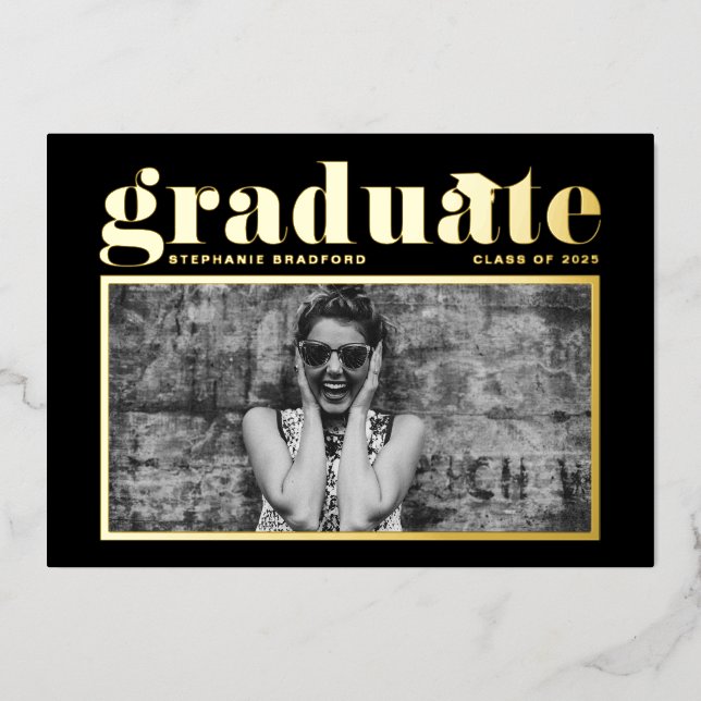 Invitation En Aluminium Black Retro Bold Typographie Photo Graduation (Recto)