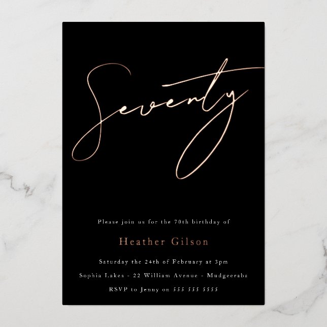 Invitation En Aluminium Black & Rose Gold Foil Script 70e fête d'anniversa (Recto)