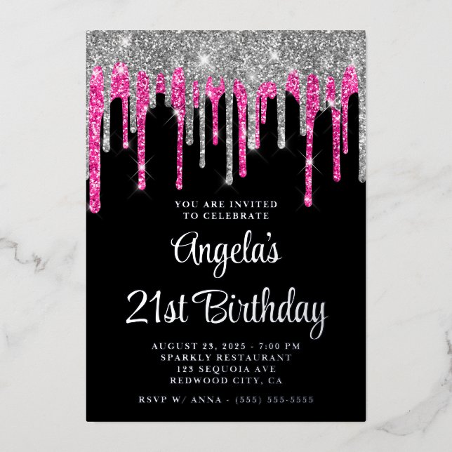 Invitation En Aluminium Black Silver Deep Rose Parties scintillant Drips 2 (Recto)