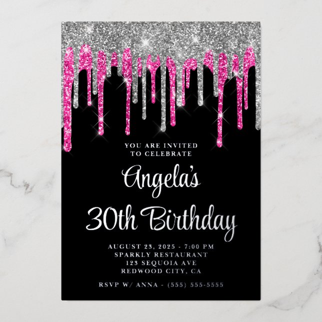 Invitation En Aluminium Black Silver Deep Rose Parties scintillant Drips 3 (Recto)