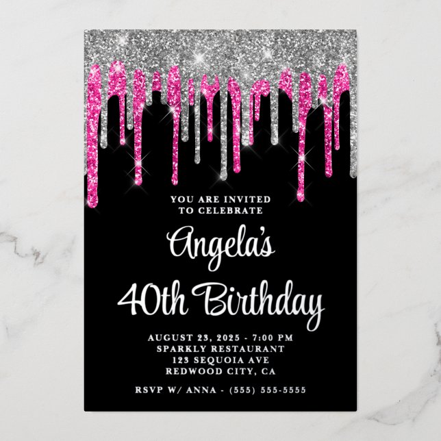 Invitation En Aluminium Black Silver Deep Rose Parties scintillant Drips 4 (Recto)