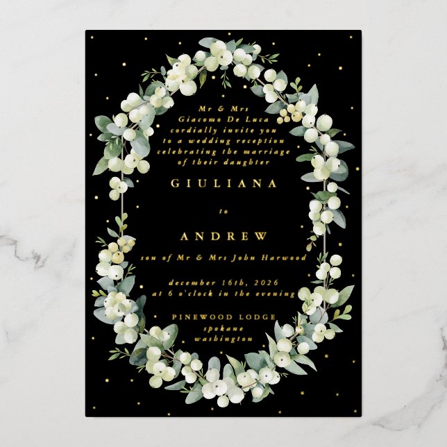 Invitation En Aluminium Black Snowberry+Eucalyptus Réception de mariage un (Recto)