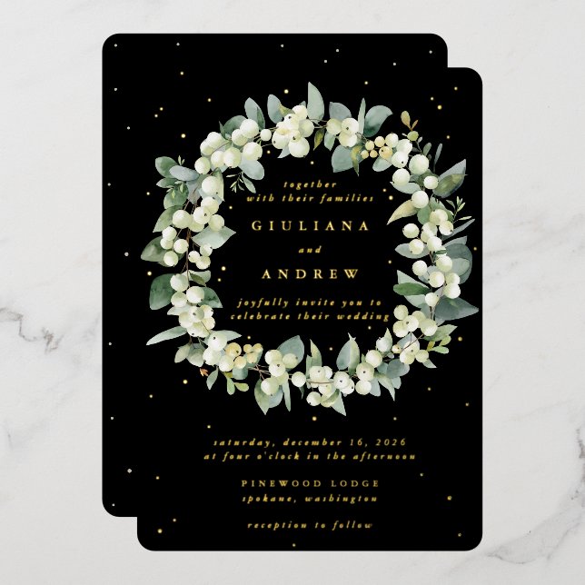 Invitation En Aluminium Black Snowberry+Eucalyptus Wreath d'hiver Mariage (Recto/Verso)