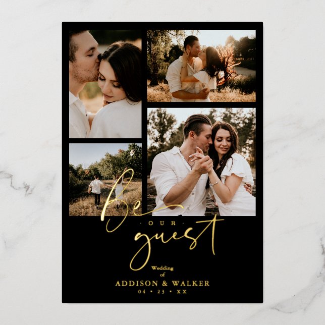 Invitation En Aluminium Black Trendy Mariage 4 photos Real Golden (Recto)
