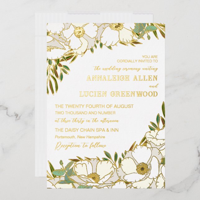 Invitation En Aluminium Blanc Anemones Gold Foil Line Art Mariage (Enveloppe)