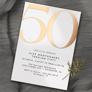 Invitation En Aluminium Blanc et or rose 50e anniversaire minimaliste mo