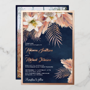 Invitation En Aluminium Blanc Lily Boho Pampas Marine Mariage bleu Rose or