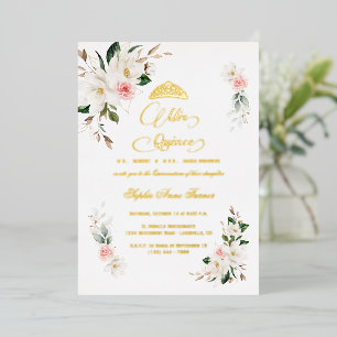 Invitation En Aluminium Blanc Magnolia rose Floral VRAI FOIL Quinceañera