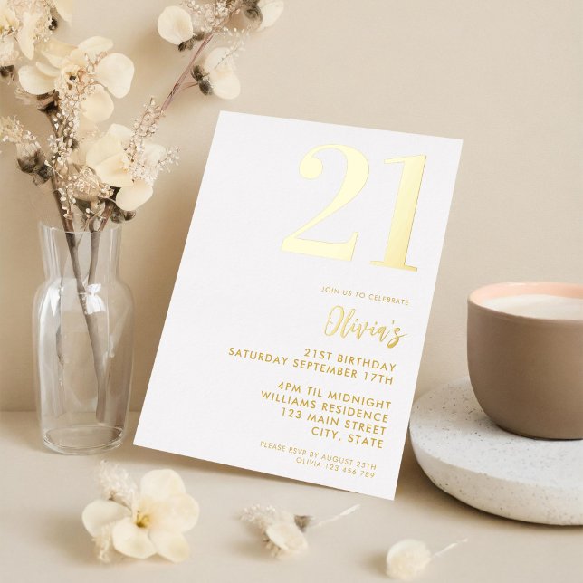 Invitation En Aluminium Blanc moderne et or élégant 21e anniversaire (Créateur téléchargé)