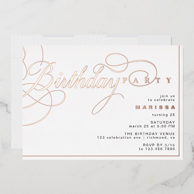 Invitation En Aluminium Blanc & Rose Or Moderne Glam Calligraphie Annivers (Enveloppe)