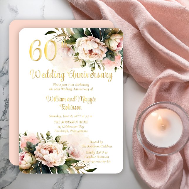 Invitation En Aluminium BLANCHE |Pink Peonies 60e fête d'anniversaire du M (Elegant Blush Pink and White Peonies 60th Wedding Anniversary Gold Foil Rounded Rectangle Invitation)