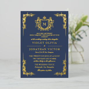 Invitation En Aluminium Blason Monogramme Vintage Dessiné à la Main Or et 