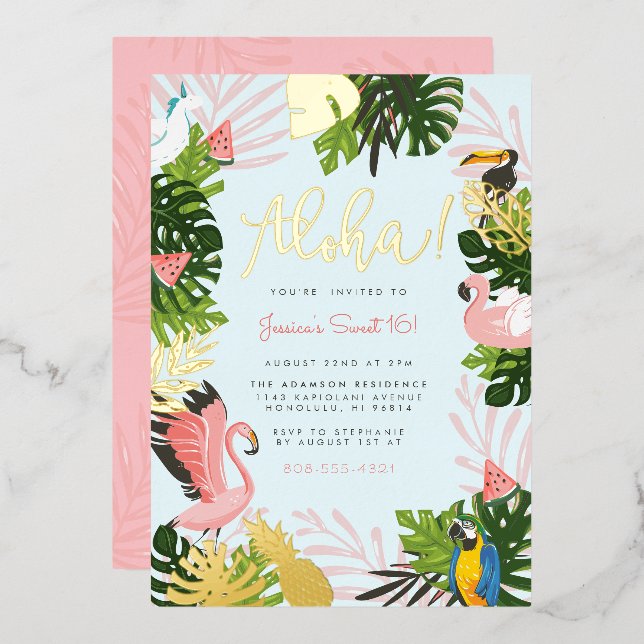 Invitation En Aluminium Bleu | Aloha Hawaii Tropical Gold Birthday Party (Recto/Verso)