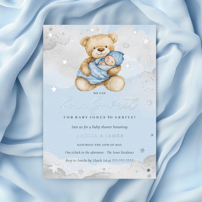 Invitation En Aluminium Bleu Argent Nous Pouvons Attendre Baby shower (Créateur téléchargé)