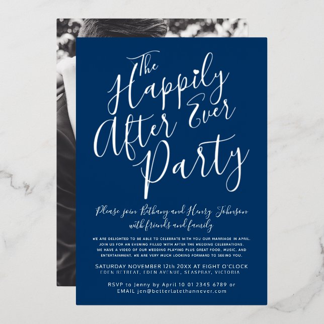 Invitation En Aluminium Bleu argenté blanc heureux jamais après la fête de (Recto/Verso)