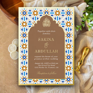 Invitation En Aluminium Bleu Beige Géométrique Islamique Musulman Mariage