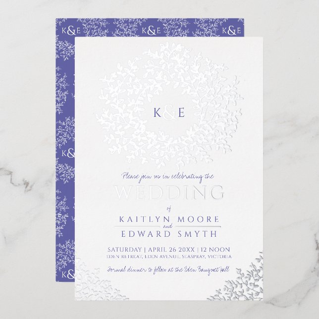 Invitation En Aluminium Bleu blanc mariage couronne feuille argent (Recto/Verso)