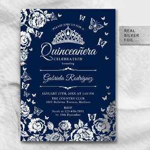 Invitation En Aluminium Bleu bleu Argent Rose papillons Quinceanera