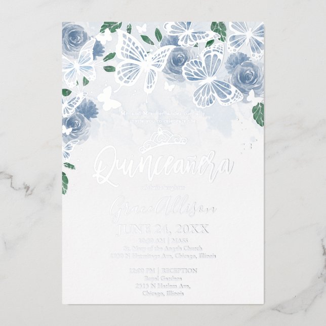 Invitation En Aluminium Bleu Dusté Floral Quinceanera Papillon Argent (Recto)
