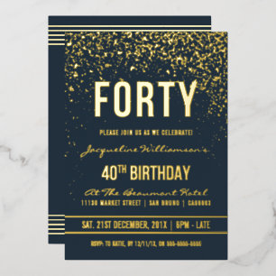 Invitation En Aluminium Bleu foncé   Gold Confetti 40e fête d'anniversaire
