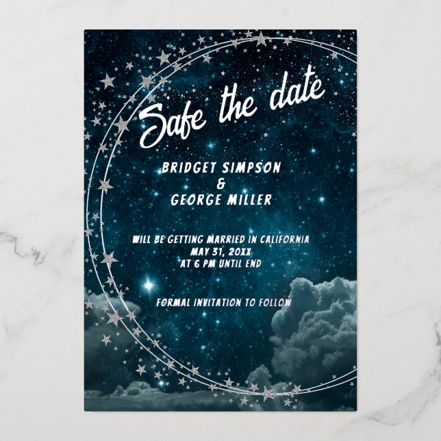 Invitation En Aluminium bleu galaxie ciel mariage sécurité la date (Recto)