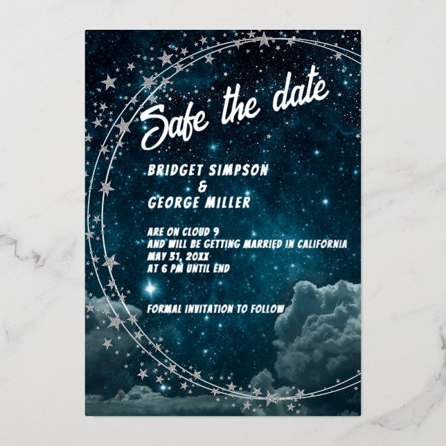 Invitation En Aluminium bleu galaxie nuage 9 mariage sans danger la date (Recto)