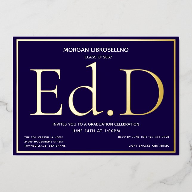 Invitation En Aluminium Bleu Gold Ed.D Graduation (Recto)