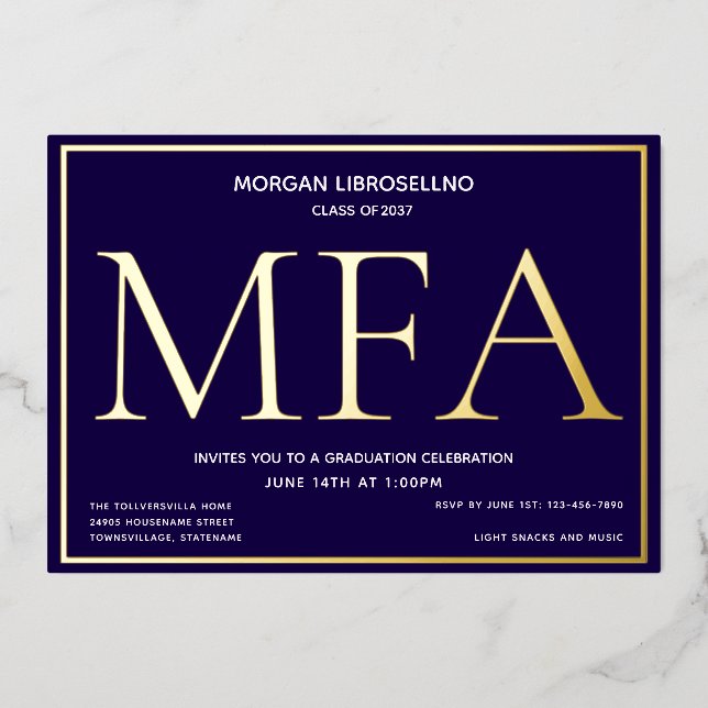 Invitation En Aluminium Bleu Gold MFA Graduation (Recto)