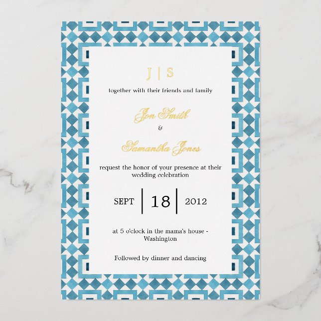 Invitation En Aluminium Bleu italien carreaux Méditerranée (Recto)