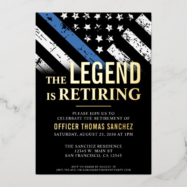 Invitation En Aluminium Bleu Léger Drapeau Police Parti de retraite (Recto)
