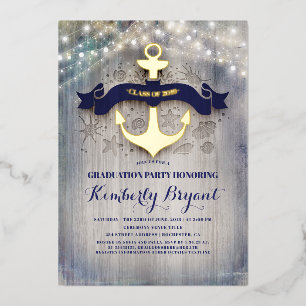 Invitation En Aluminium Bleu marine et or Ancre Rustique Plage Diplômé