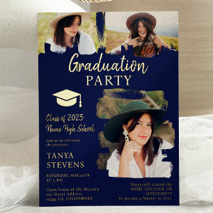 Invitation En Aluminium Bleu marine moderne Brushstroke 3 photos graduatio