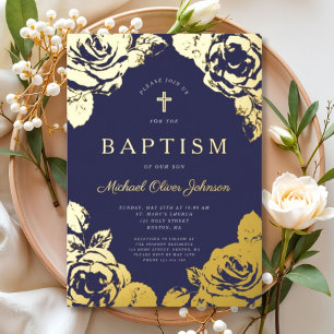 Invitation En Aluminium Bleu Nuit Floral Élégant Baptême de Garçon Or