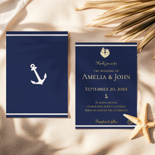 Invitation En Aluminium Bleu Nuit Marine Blanc Ancre Mariage Or