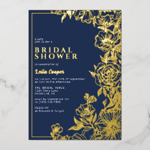 Invitation En Aluminium Bleu Nuit & Or Élégante Douche de Mariée Florale