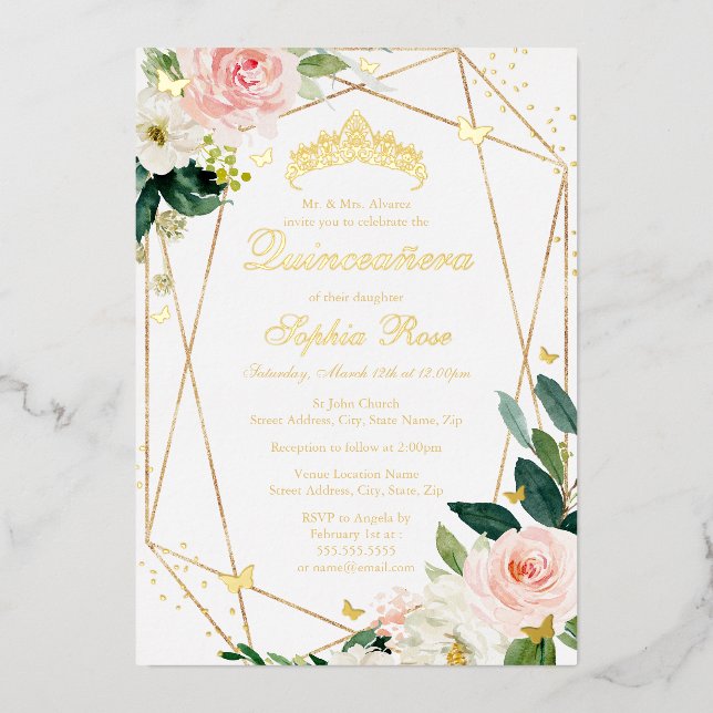 Invitation En Aluminium Bleu Or Floral Papillon Quinceanera (Recto)